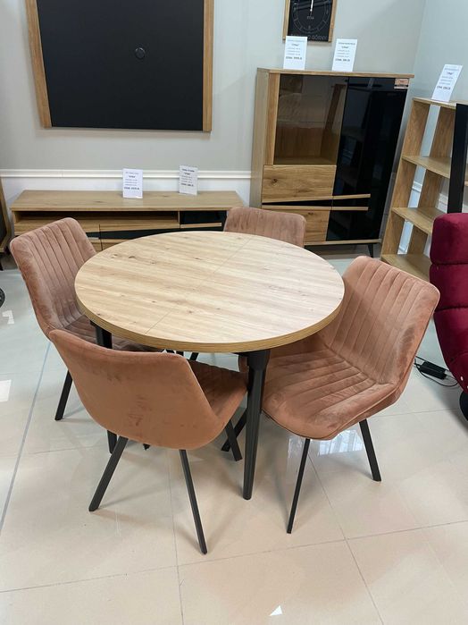 (930) Stół okrągły rozkładany + 4 krzesła, nowe 1190 zł