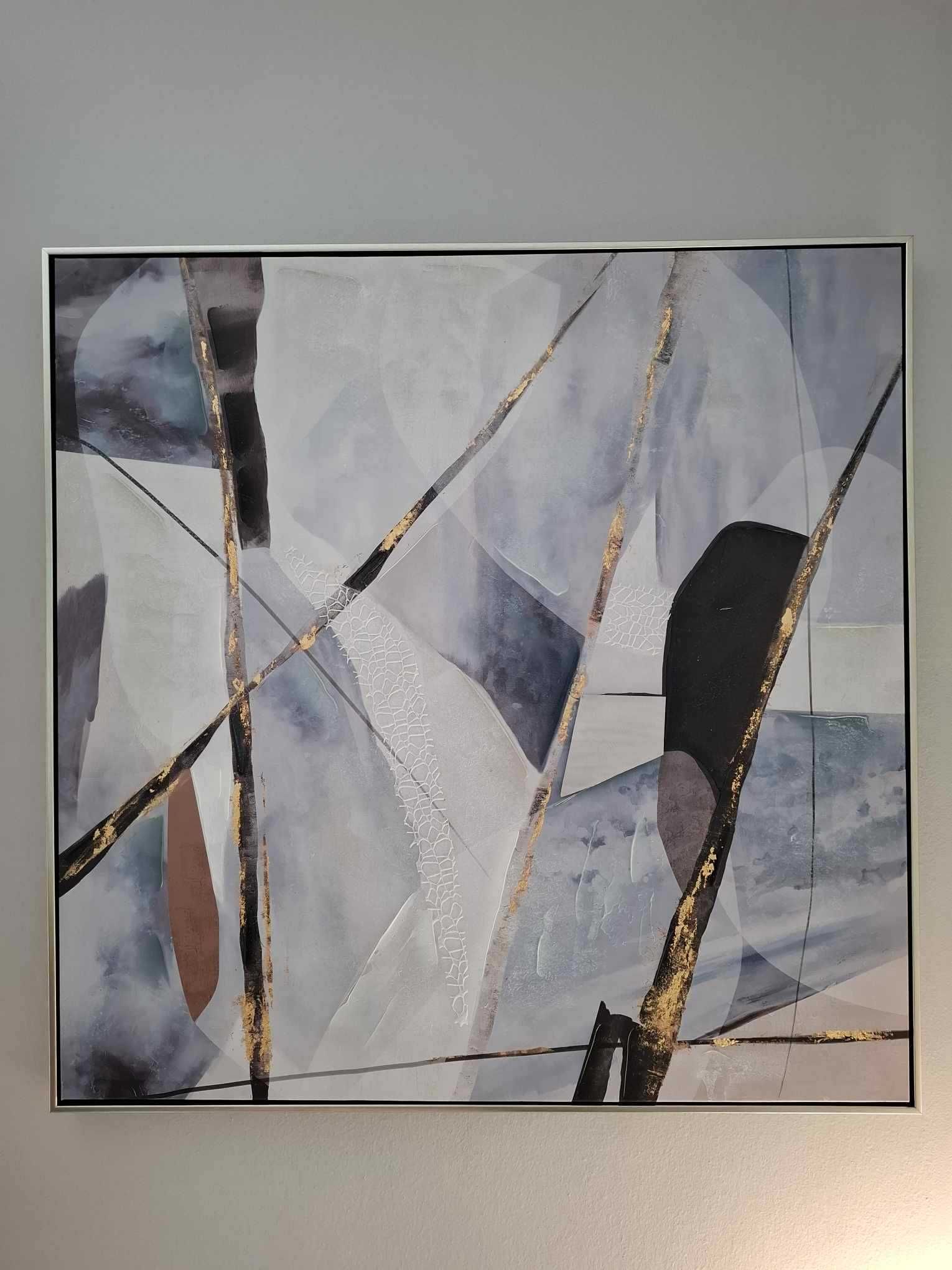 Nowoczesny niebieski obraz na płótnie w srebrnej ramie, 85 x 85 cm