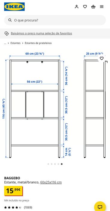 BAGGEBO - Estante, metal/branco, 60x25x116 cm