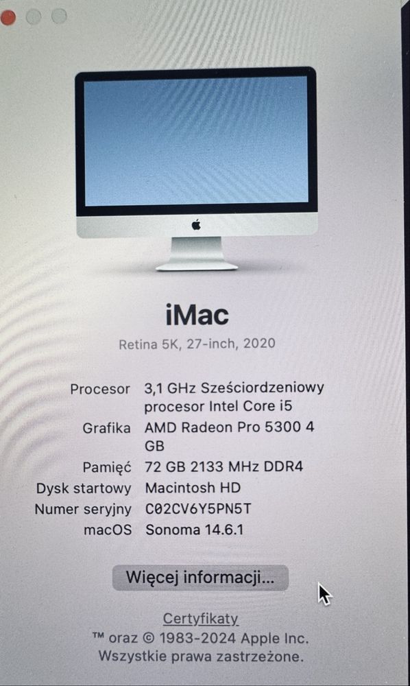 Apple Imac 27” Retina 5K 2020r. 72GB DDR4 stan idealny
