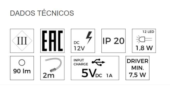 Candeeiro Led 12V com entrada USB integrada