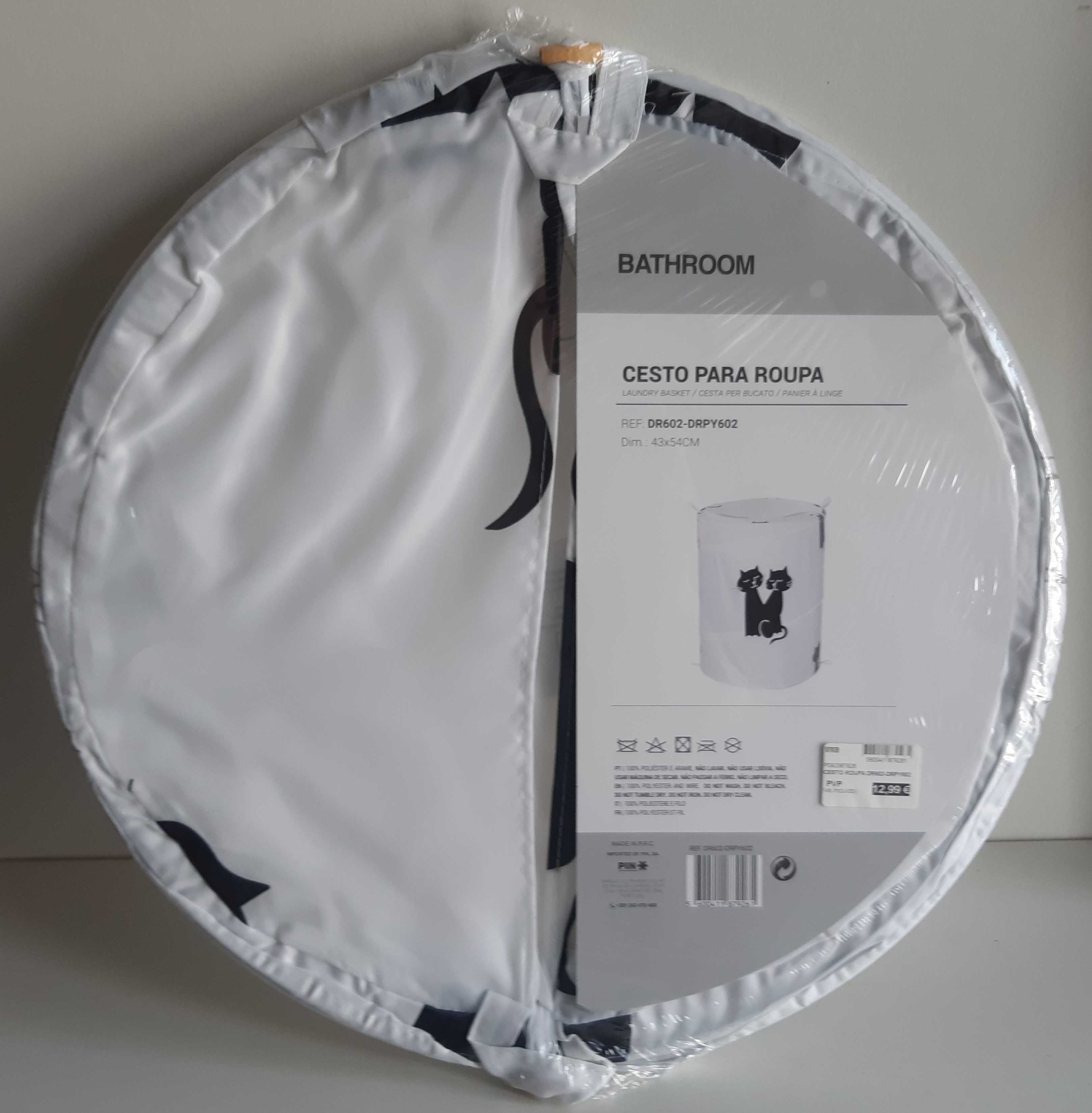 Cesto p/ Roupa Cilíndrico Novo 43x54cm Branco Gatos Pretos