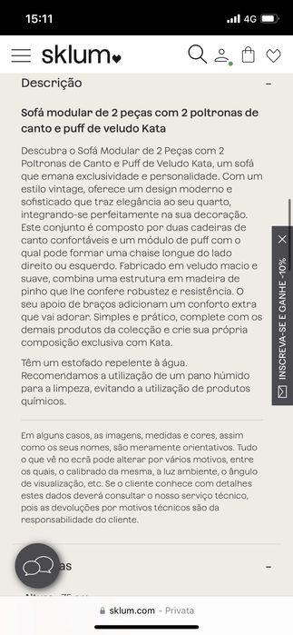 Sofá modular de 2 peças com 2 poltronas e puff de veludo Kata Sklum