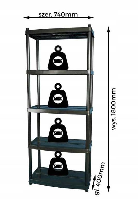 Solidny regał plastikowy o wytrzymałosci 250 kg