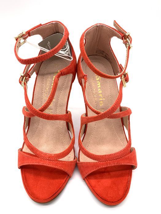 Buty damskie sandały na szpilce czerwone skórzane Tamaris rozmiar 35