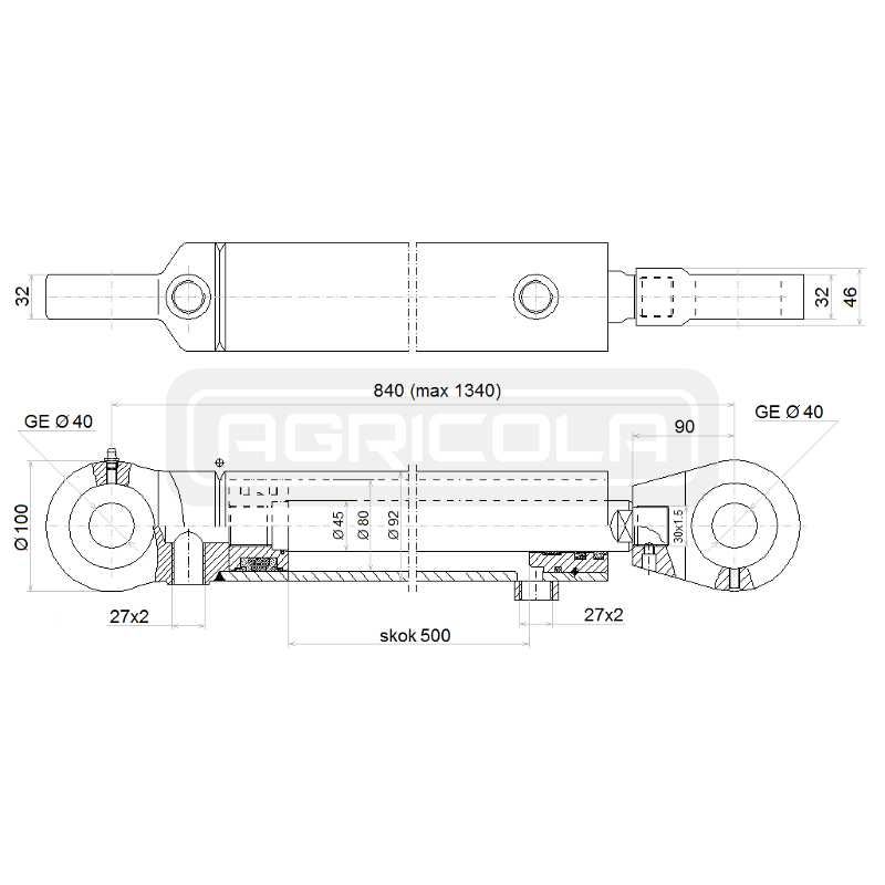 Siłownik tłok hydrauliczny 80/45 skok 500mm l/840