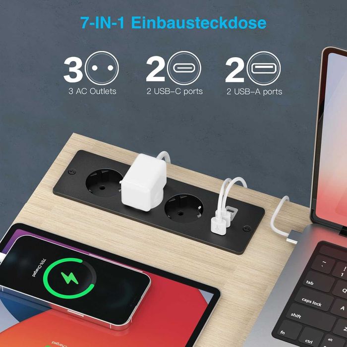 Listwa zasilająca z 3 gniazdami do zabudowy w blat. 2 port USB 2 Typ C