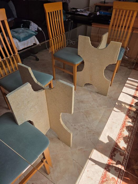 Mesa vidro Pés pedra 1.80x90cm + 6 Cadeira Madeira Usado Bom Estado