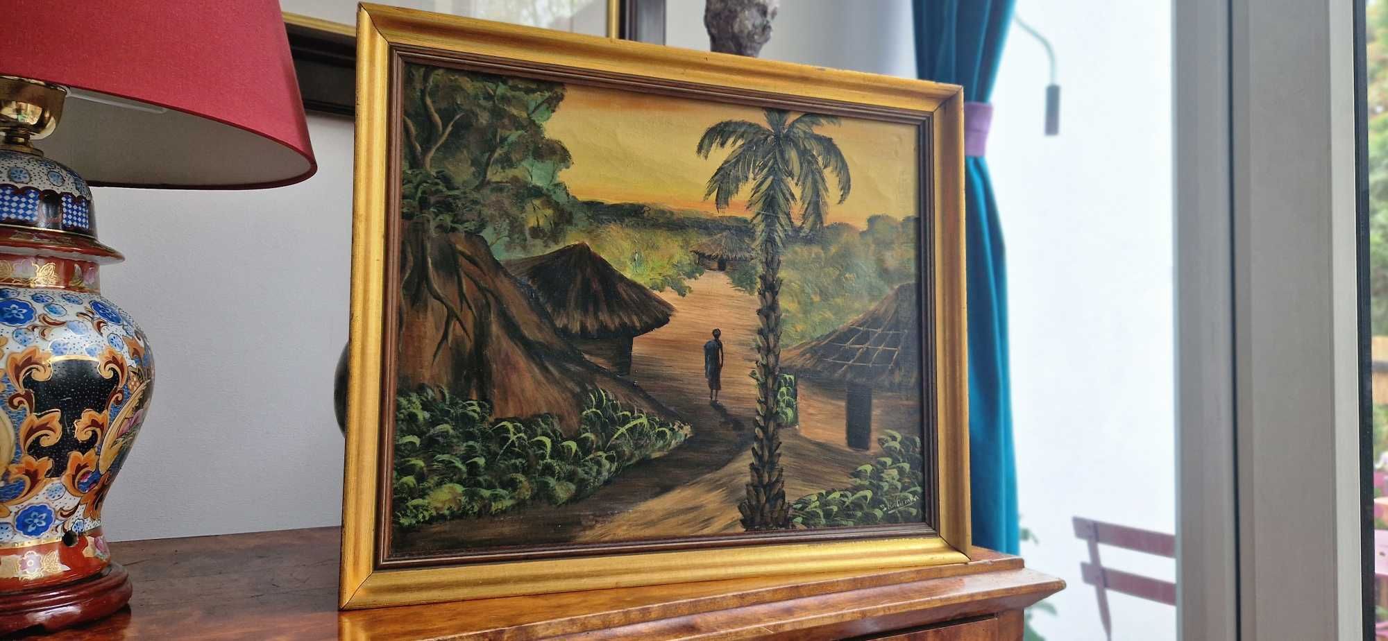Obraz ojej pejzaż tropikalny Afryka palmy sygnowany B. Katumba dekor