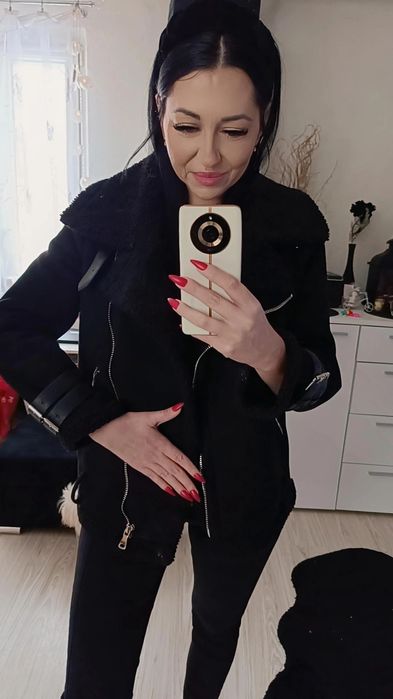 Czarne futerko kożuszek miś biker motocyklowa Zara S