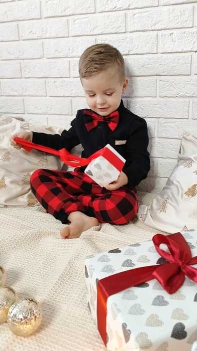 Elegancki ZESTAW chłopięcy muślinowa koszula czarna czerwona krata 92