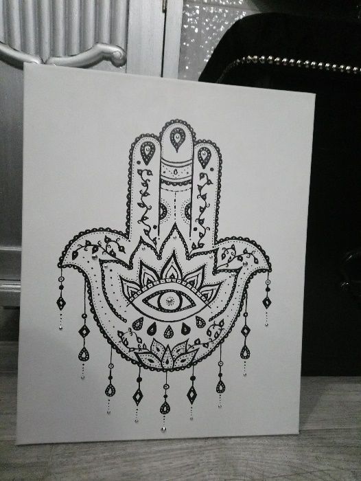 Nowy duży obraz 50x40 cm hamsa Hand ręcznie malowany