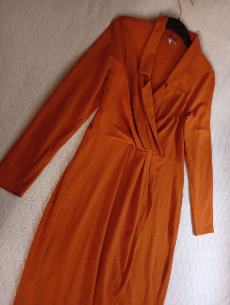 ASOS 40r efektowna pomarańczowa długa sukienka midi dopasowana