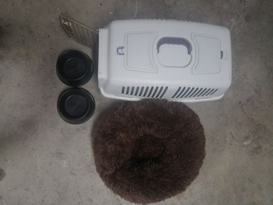 Conjunto para gatos ou cães.  Caixa, cama e taças.