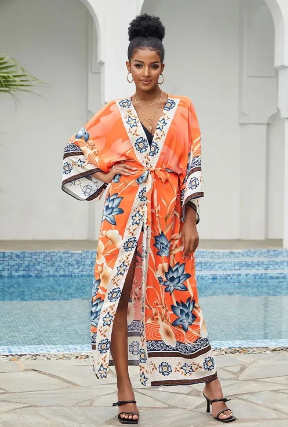 Kimono plazowe orientalne długie szerokie rekawy  s m