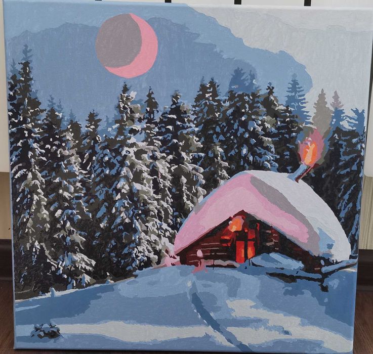 Картина за номерами "Засніжена хатинка" намальована