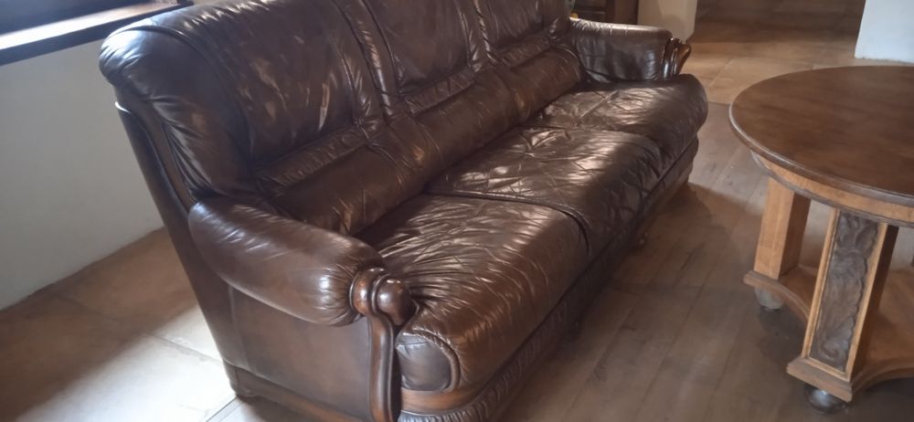 Wypoczynek. Skóra naturalna skandynawska, komplet - kanapa + 2 fotele