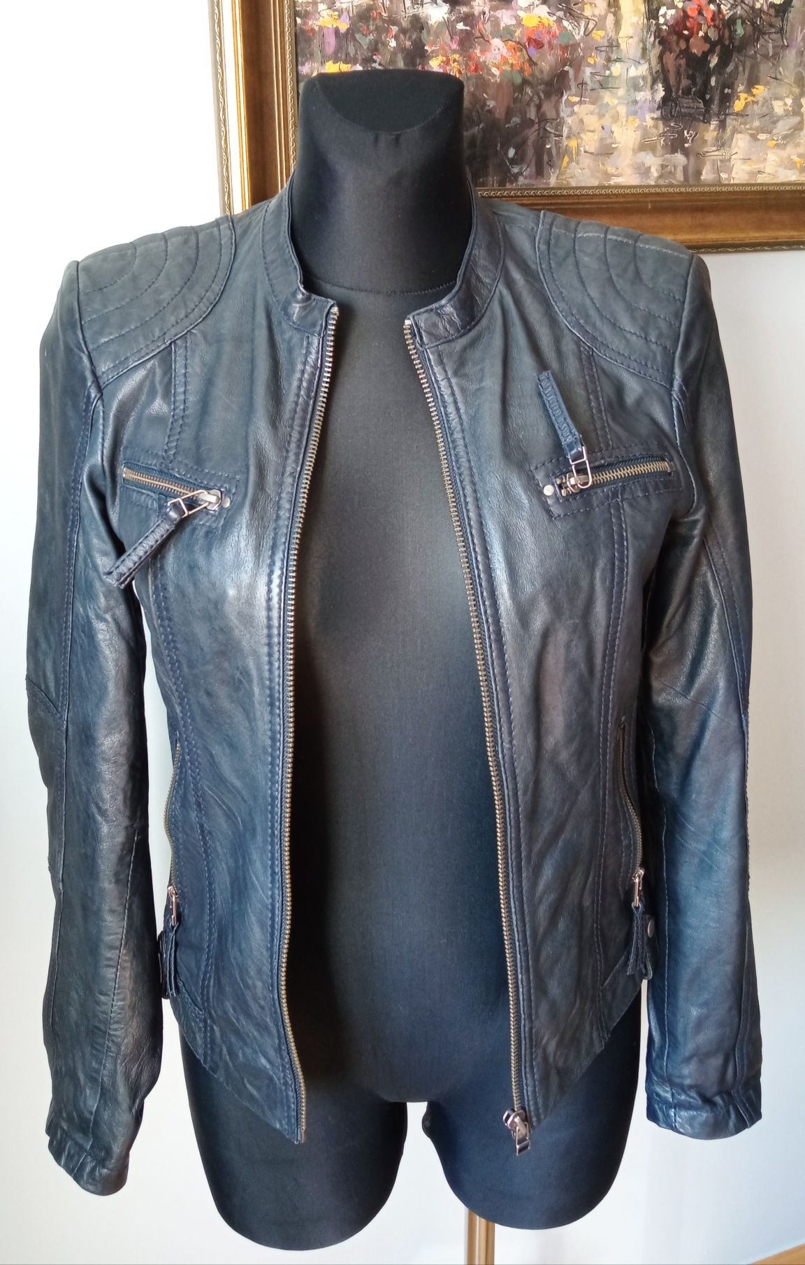 Damska skórzana kurtka typu biker, rozmiar 34/36, skóra jagnięca.