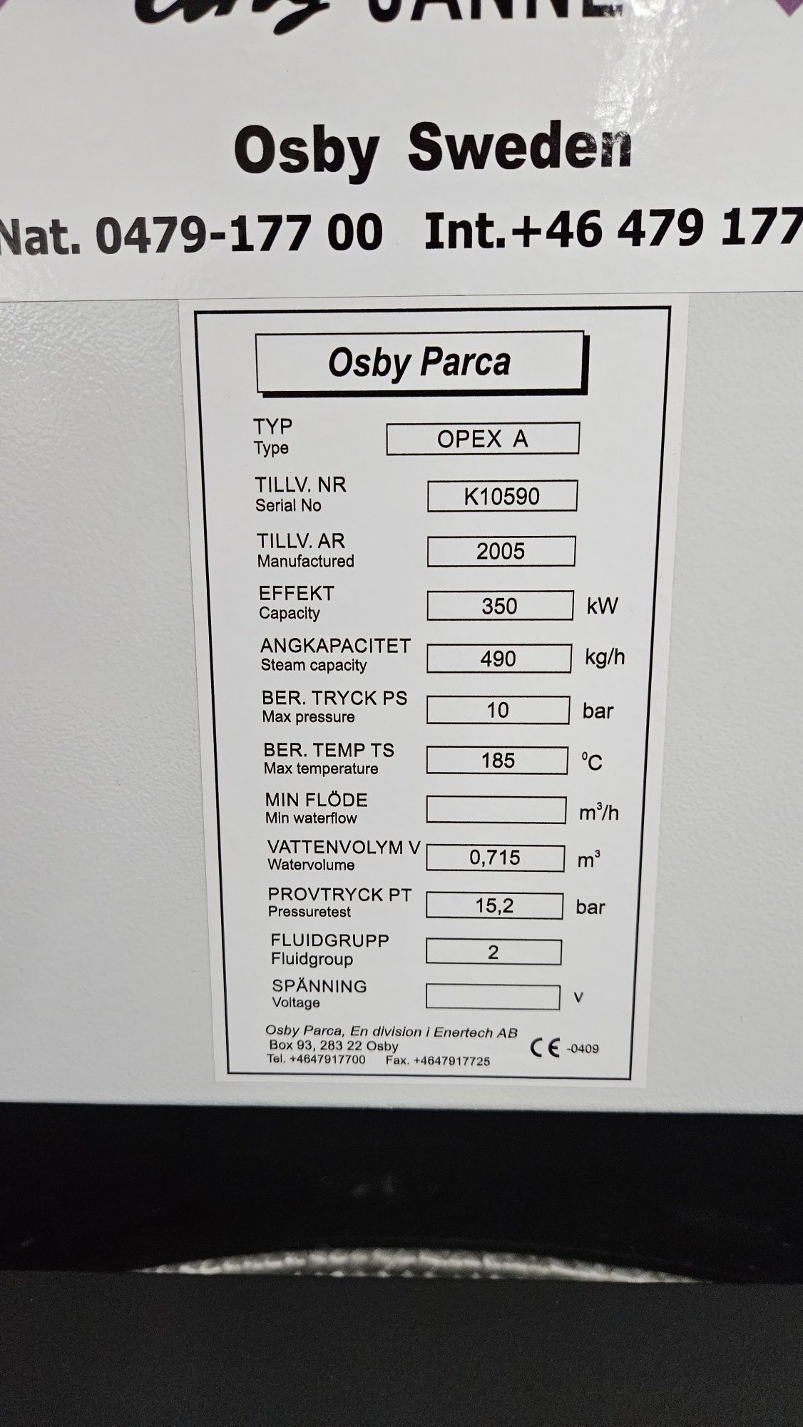 Wytwornica pary kocioł parowy Osby Parca 500kg/h 10 bar  olej opałowy