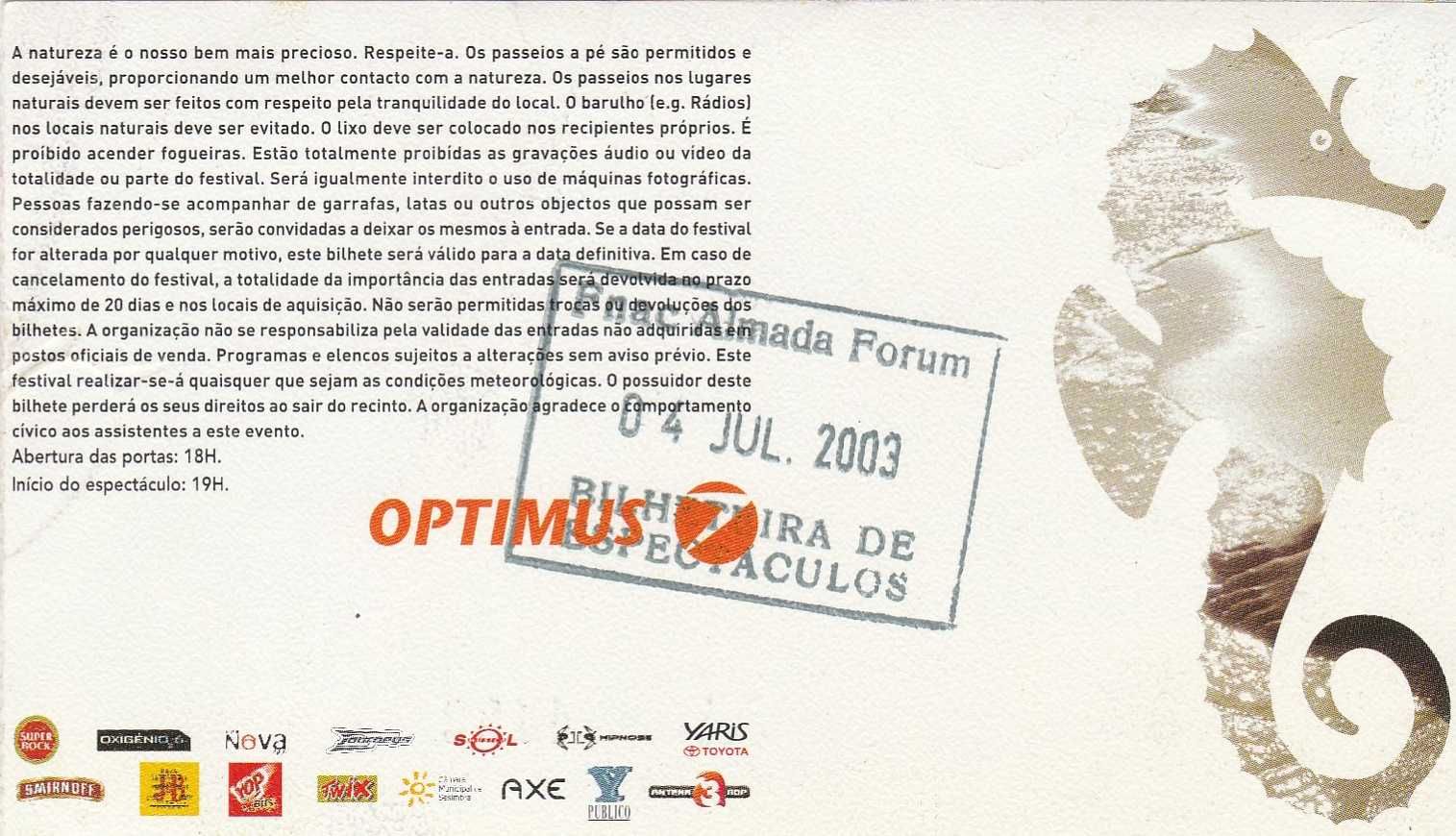 Bilhete Festival Optimus Hype Meco 2003 - Colecionadores/Collectors