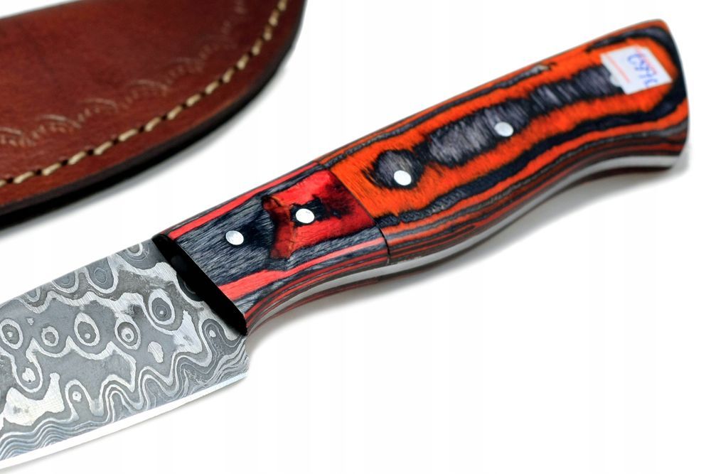 Nóż ręcznie wykonany bushcraft survival stal damasceńska skórzane etui