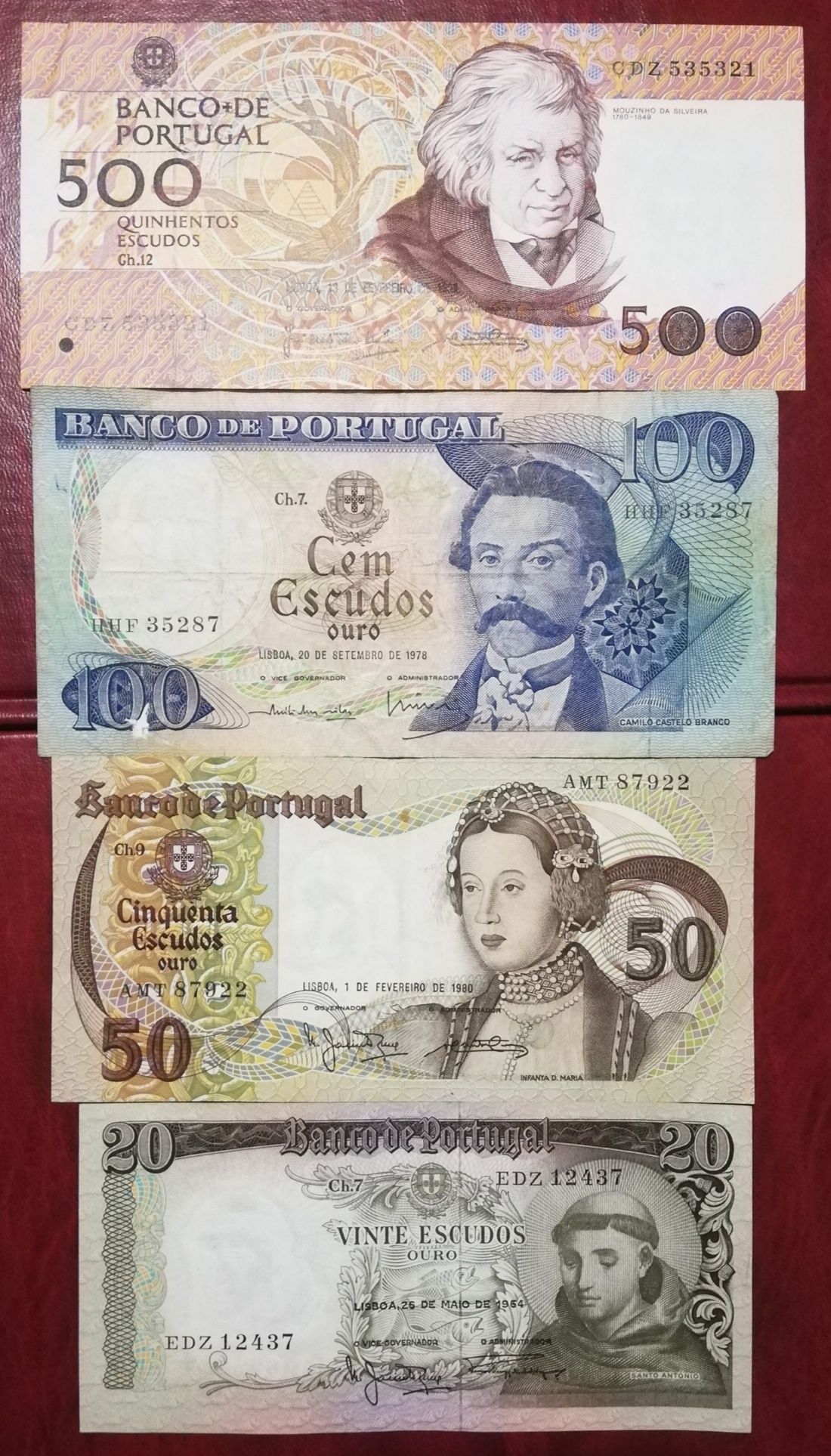 4 x Notas - 500 escudos, 100 escudos, 50 escudos, 20 escudos NOVAS