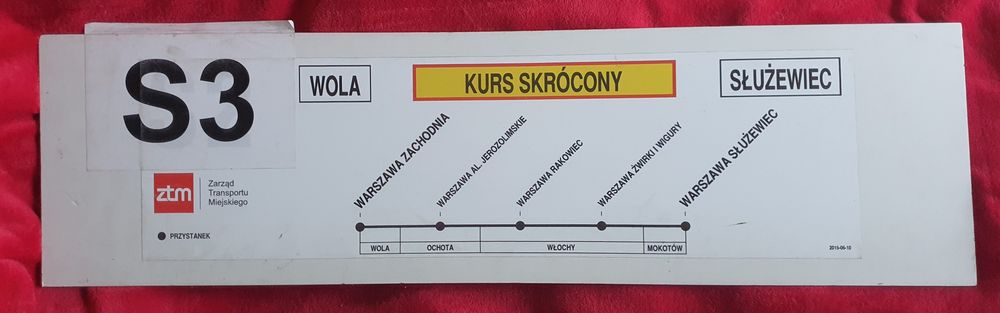 Tablica boczna ZTM Warszawa linia SKM S3 (kurs skrócony)