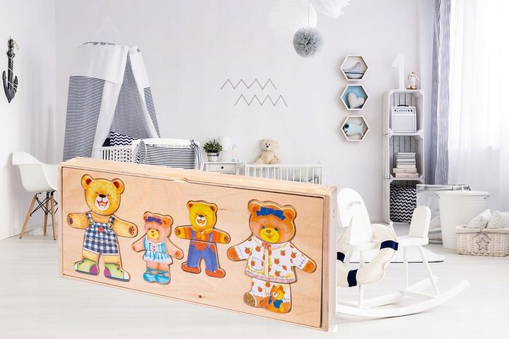 Układanka Drewniana Montessori 4 Misie Puzzle Emocje Ubrania Miny Sort