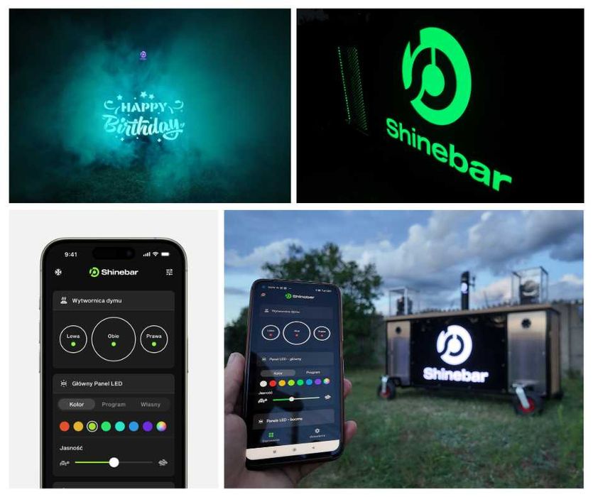 Mobilny bar imprezowy – Shinebar, nagłośnienie, światła, nalewak, dym