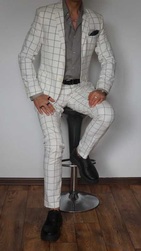 Garnitur Zara Man Rozmiar 46/ 48/ 50 Kolor Biały Krata Fit