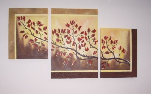 Piękny obraz malowany ręcznie tryptyk drzewo kwiaty gałąź magnolia