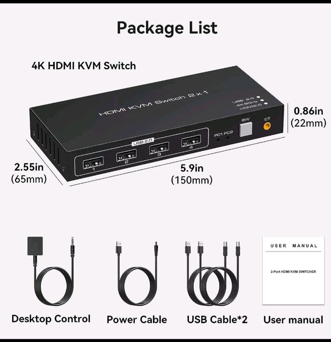 HDMI KVM Switch 2x1 (USB 2.0, 4K 60Hz, HDMI 2.0)
