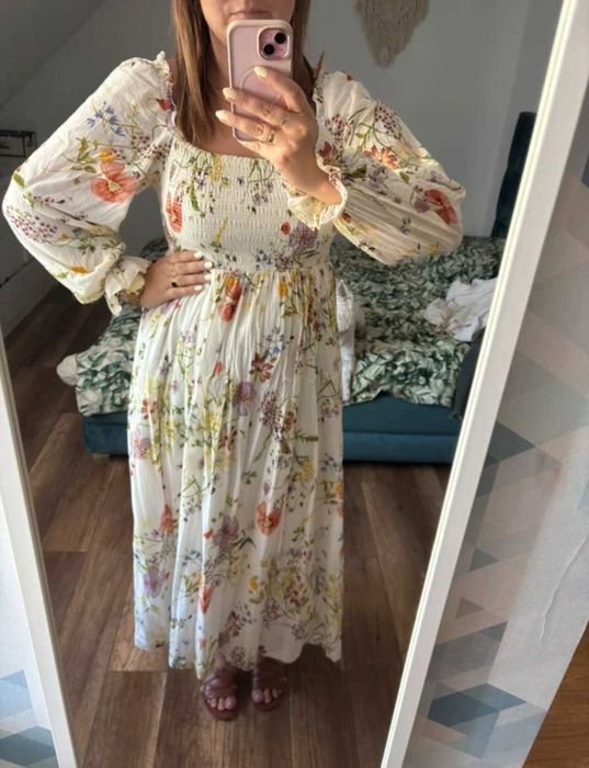 H&M dluga maxi romsntyczna sukienka bawełniana w kwiaty L