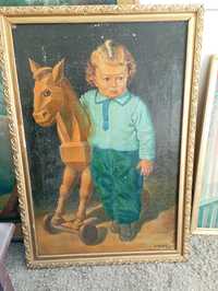 Stary obraz olejny chłopiec z konikiem 1946