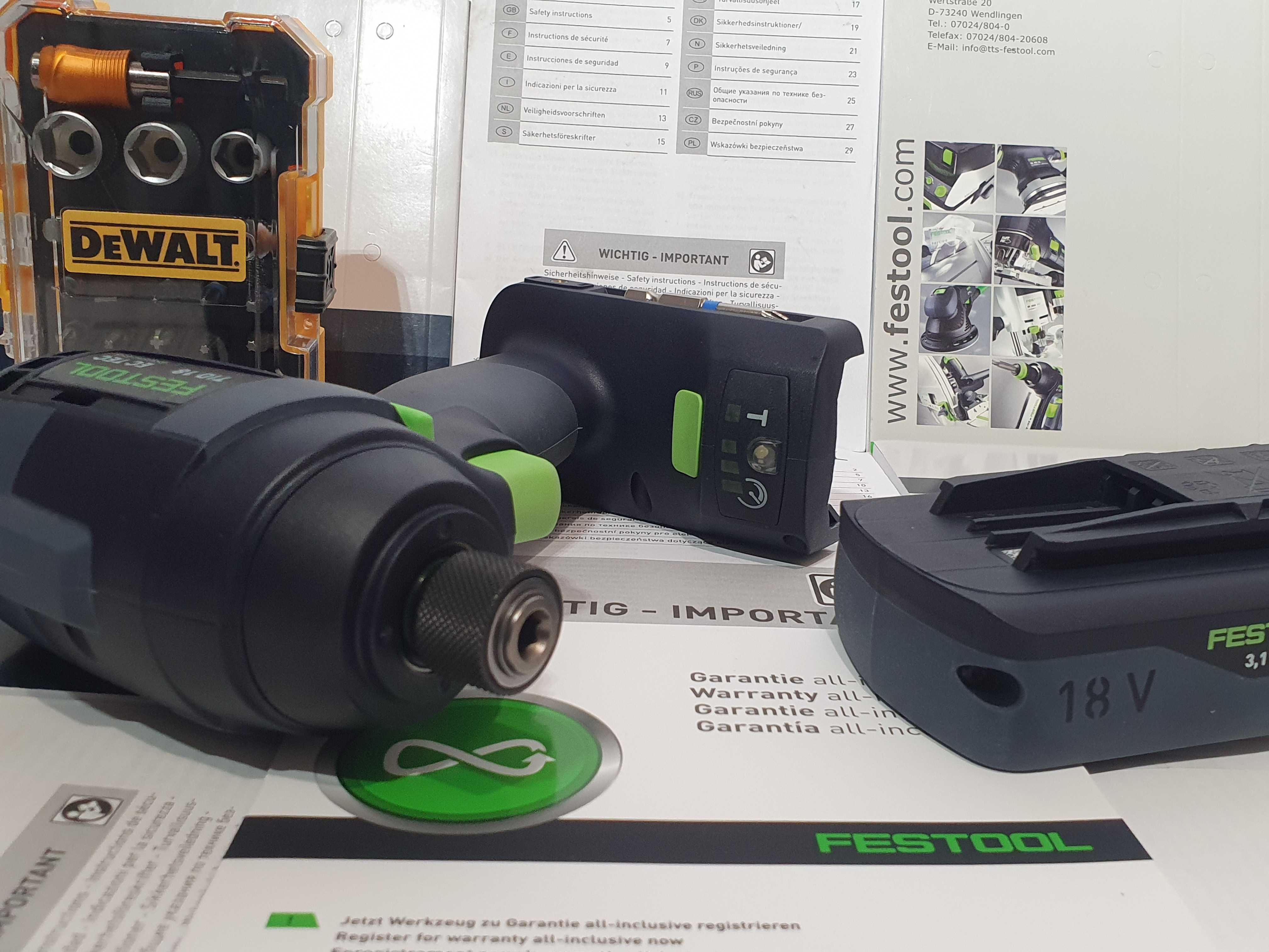 Super zestaw FESTOOL TID 18 zakrętarka udar +aku 18v 3,1Ah bity DEWALT