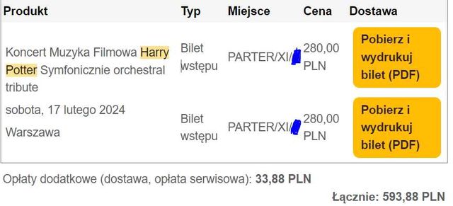 2 bilety na Koncert Muzyka Filmowa Harry Potter Symfonicznie Warszawa