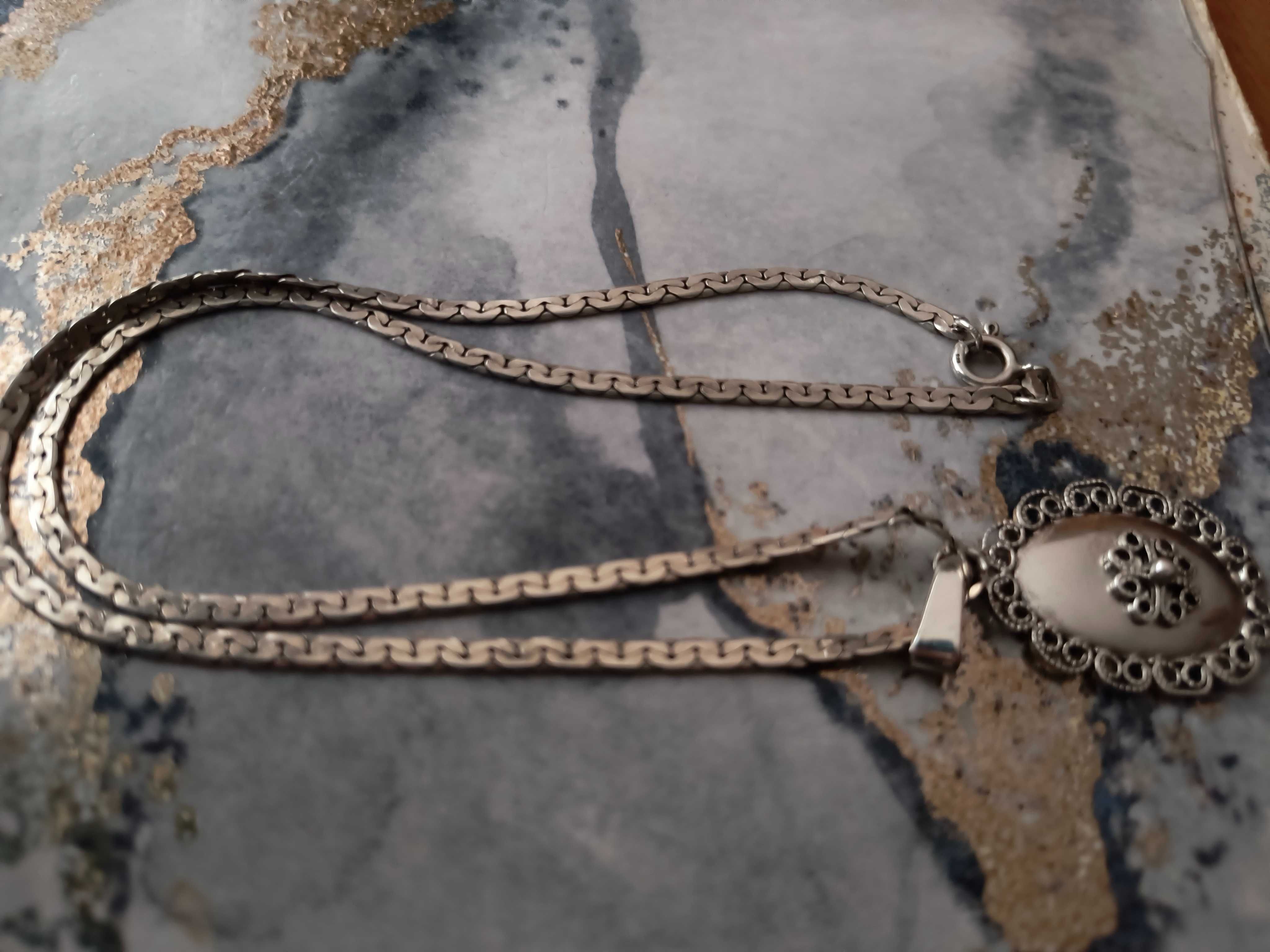 Srebrny wisior filigran i łańcuch srebrny naszyjnik vintage