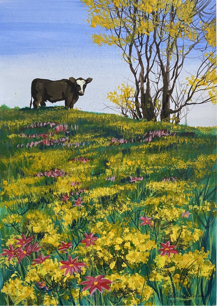 Картина авторська робота пейзаж корова