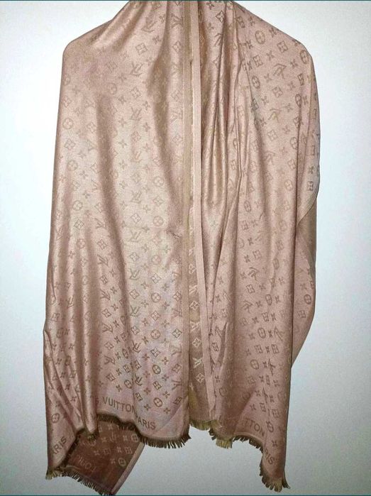 LV dwustronny szal szalik beżowo różowy 50% jedwab 50% kaszmir