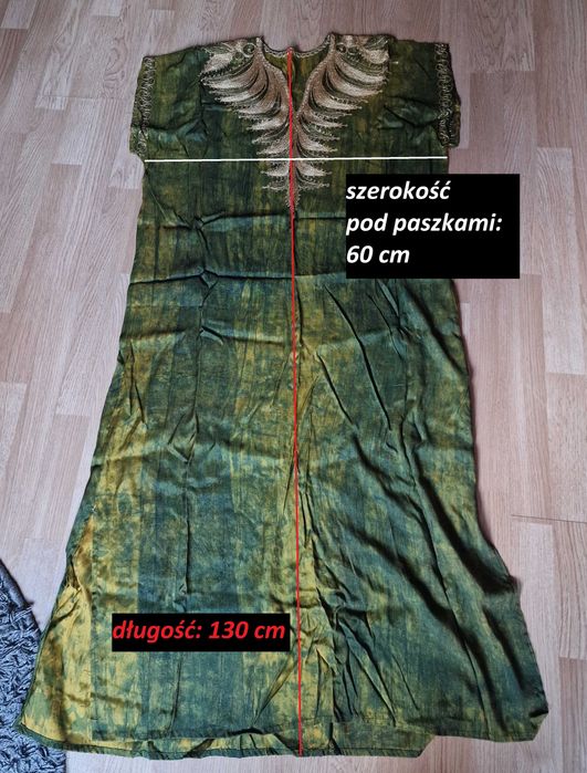 Letnia długa suknia boho, afrykańska tunika zielona złoty haft