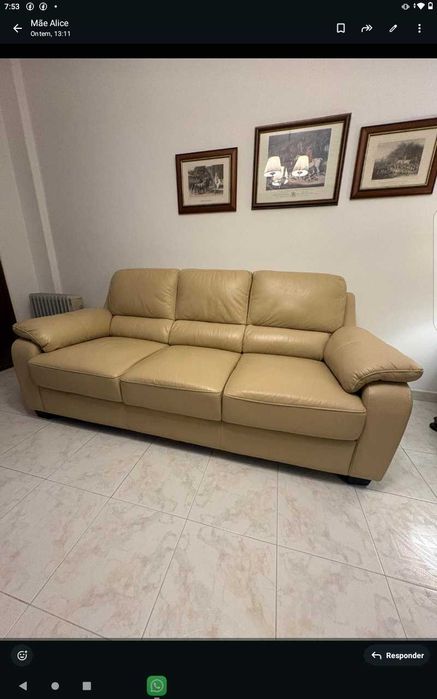 Sofá de 3 lugares pele sintética beije como novo Odivelas