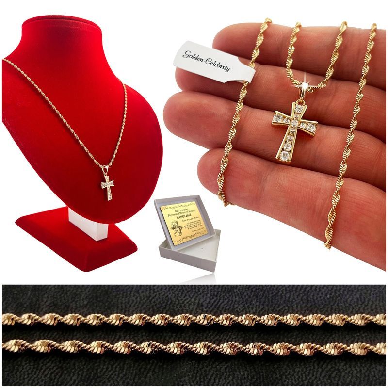 Złoty Łańcuszek + Krzyżyk 18k Stal Chirurgiczna Na Prezent + Grawer Gr