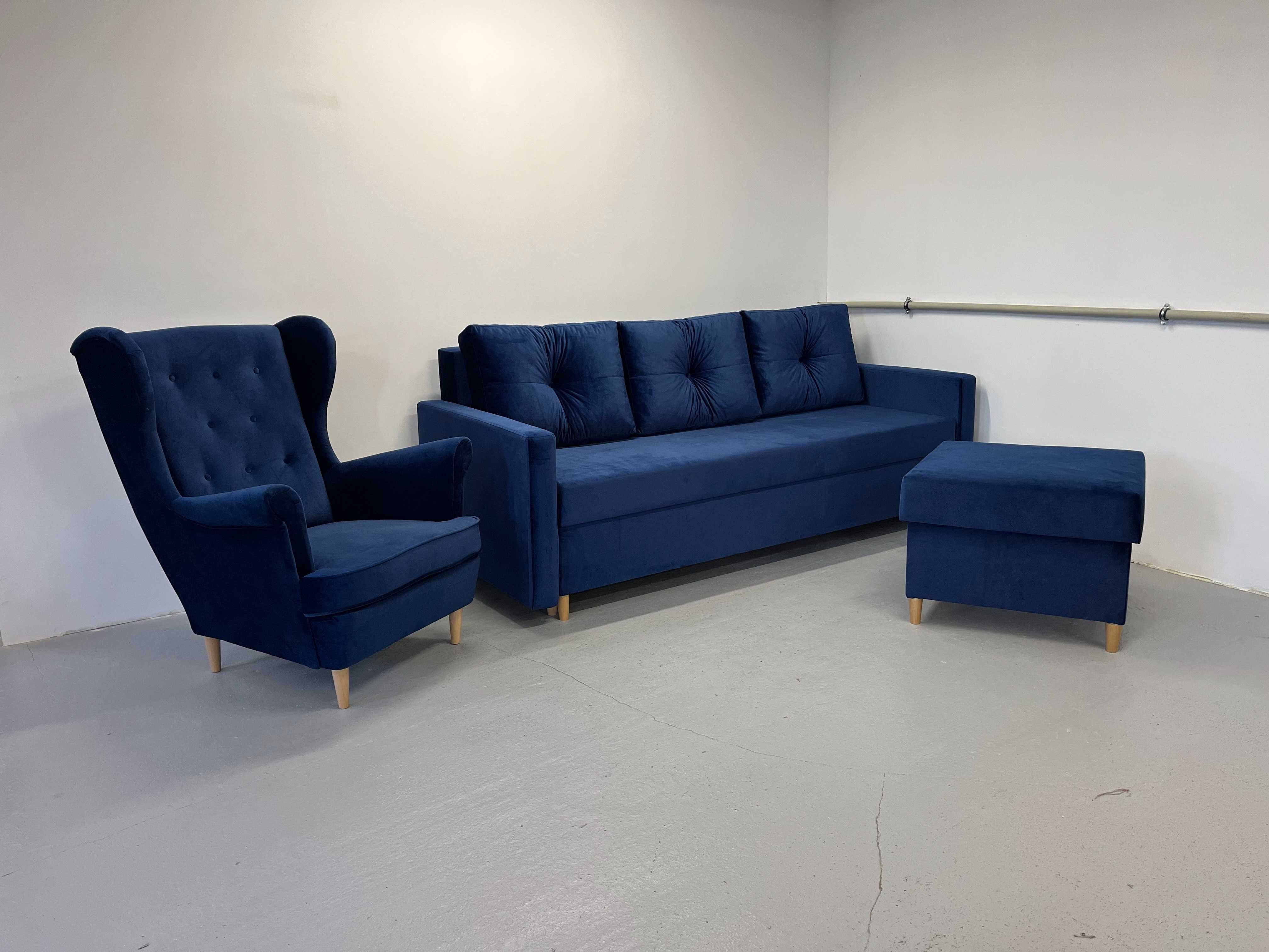 Zestaw komplet wypoczynkowy kanapa Skandynawska i fotel Uszak. Sofa
