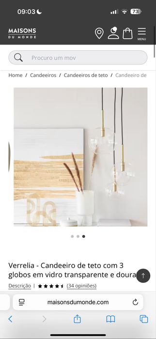 Candeeiro de teto com 3 globos em vidro transparente e dourado