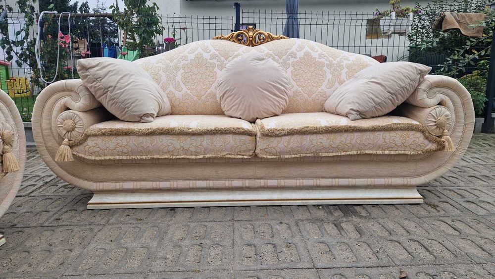 Sofa włoska 3+2 Chesterfield Antyczna Funkcja spania złota zestaw