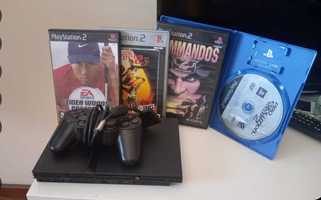 PlayStation 2 + Comando + 4 jogos