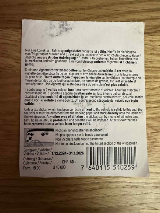 Winieta Szwajcaria 2025 – ważna do 31.01.2026