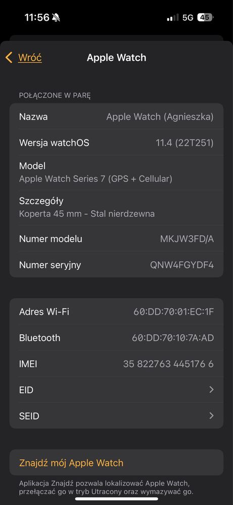 Apple Watch Series 7 GPS + Cellular LTE 45mm stal nierdzewna A2478