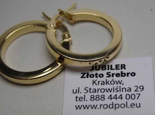 Złote kolczyki koła 2 cm. kwadratowy profil.