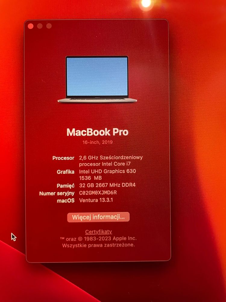 MacBook Pro 2019 16” i7 32GB / 512 GB /1 cykl ładowania baterii !!!